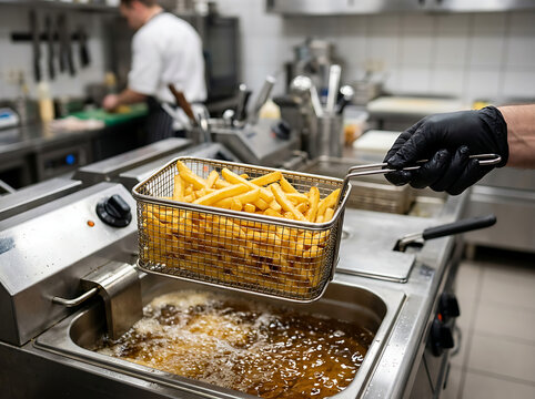 Chef wearing black gloves holding a metal basket full of hot french fries over deep fryer.