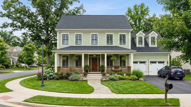 A two-story house with a green roof and white siding, featuring a front porch with columns and a small balcony,