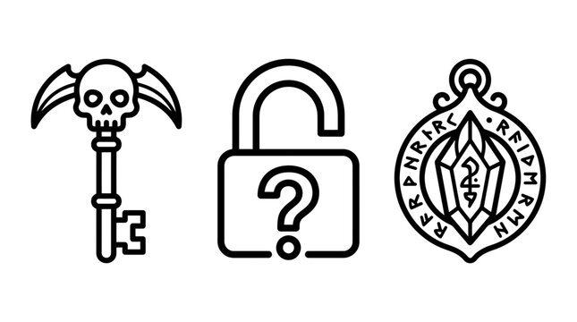 Set of mystical key icons with skull detail padlock and rune talisman question esoteric collection supernatural spiritual knowledge unsolved witchcraft mysticism superstition