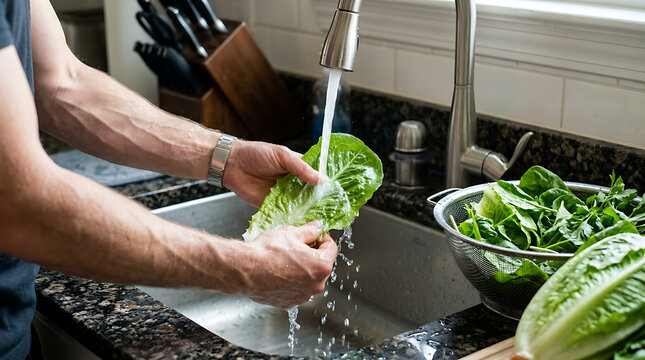 Fresh green romaine lettuce leaf held in hands and washed under running faucet in kitchen sink.