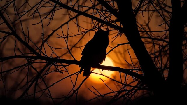Bird silhouette on branch at sunset in quiet orange sky, dark tree outline and forest scene
