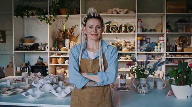 Woman potter stands with crossed arms inside ceramic workshop