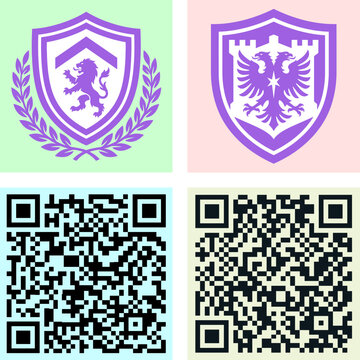 Vector graphic set featuring heraldic shield crests with lion and double headed eagle alongside digital QR codes for security and scanning