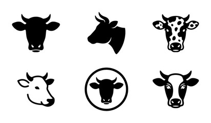 Obraz premium Cow Head Icons Set, Livestock Vector Graphics, Farm Animal Silhouettes, Dairy Cattle Emblems, Black and White Bovine Illustrations