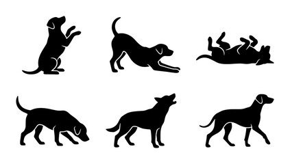 Obraz premium Dog Silhouettes Collection, Six Playful Canine Poses, Vector Art for Pet Lovers and Animal Graphics, Black and White