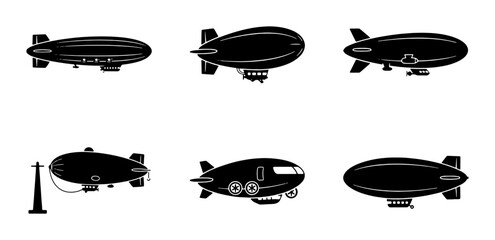 Set of six black airship icons, vintage dirigible illustrations, retro zeppelin graphics, classic blimp vector art, historical aircraft silhouettes, aviation transport collection © Farhan