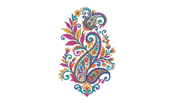 Vibrant colorful traditional paisley motif vector ornament with floral swirls and ethnic kalka design isolated on white background