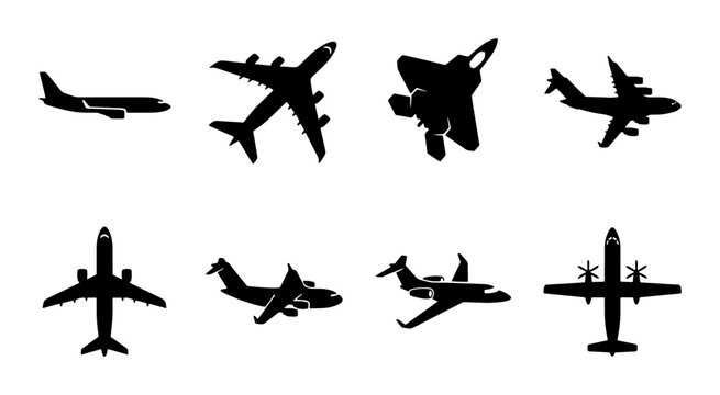 Diverse Aircraft Silhouettes Collection: Commercial Jets, Space Shuttle, Propeller Plane, Private Jet Icons for Aviation and Travel Graphics
