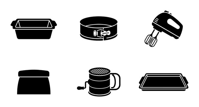 Baking Tools Vector Icons Set: Loaf Pan, Springform Pan, Hand Mixer, Pastry Bag, Sifter, Baking Tray, Kitchenware Collection for Culinary Graphics