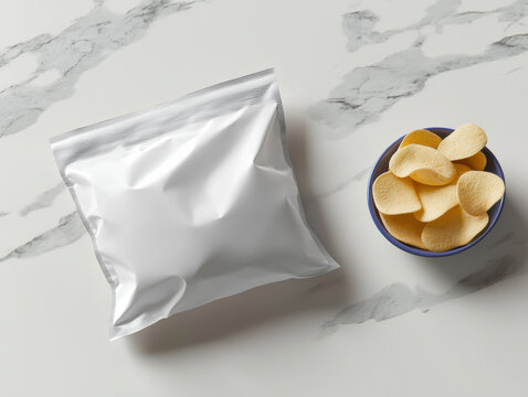 White snack bag potato chips bowl marble table minimal style high fidelity product mockup food crispy texture appetizing snack