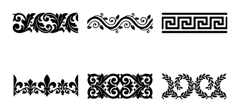 Elegant Vector Borders Set: Ornate Flourishes, Greek Key, Fleur-de-lis, and Laurel Wreaths for Classic Design Elements