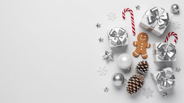Christmas decorations and gifts on white background.