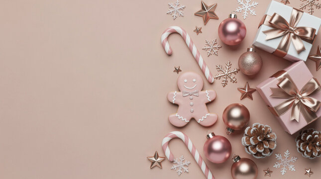 Christmas decorations and gifts on pink background.