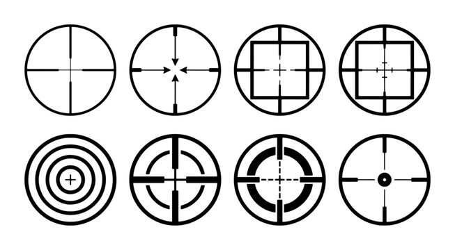Target Reticle Icons Set, Crosshair Symbols Collection, Aiming Circles Graphics, Precision Optics Scopes, Vector Elements for Design