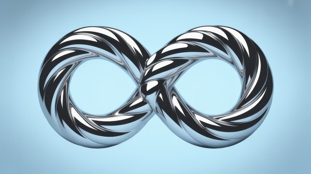 Shiny twisted metallic infinity symbol on light blue background