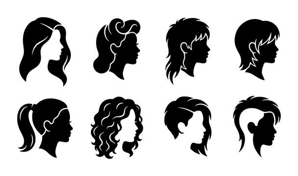 Diverse Female Hairstyles Silhouettes, Modern & Classic Haircuts Collection, Vector Icons for Beauty & Fashion