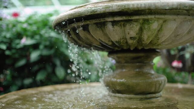 Water drop dropping and falling in the fountain in the garden