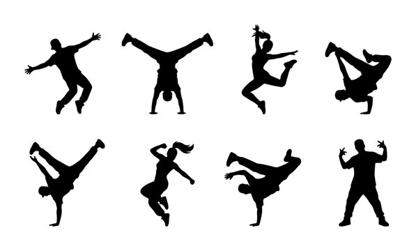 Dynamic Breakdance Silhouettes, Hip Hop Dancers Set, Urban Street Dance Poses, Energetic Movement Graphics, Vector Art Collection