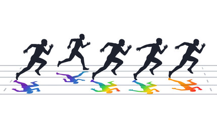 Obraz premium Sprinters dash along a race track with rainbow-colored shadows reflecting their rapid movement.
