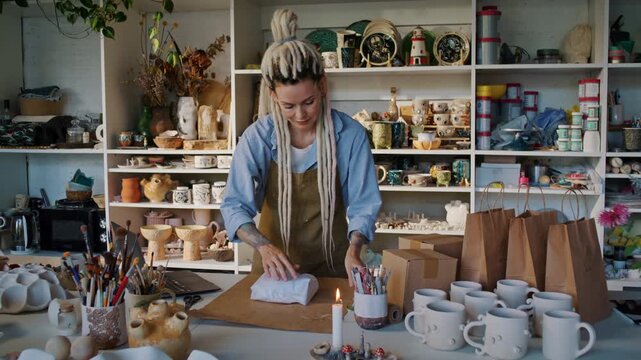 Lady potter wraps ceramic order for customer shipment in studio