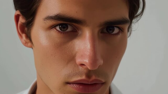 Young man portrait closeup face eyes white shirt neutral expression studio fashion model