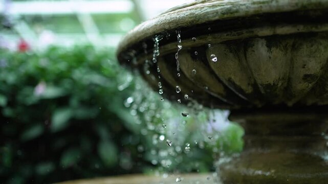 Water drop dropping and falling in the fountain in the garden