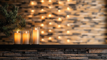 Fototapeta premium Three glowing candles in glass holders on stone shelf with pine branch, warm bokeh lights and textured wall create cozy ambiance