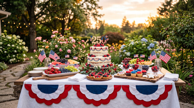 Patriotic dessert table with cake and flags in garden.