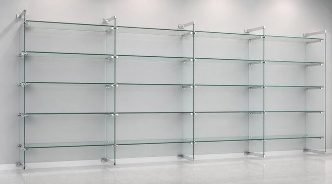 Modern modular glass shelving unit for retail store display.