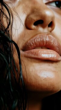 Luxury beauty close up portrait of an Indian female with flawless glowing skin, full natural lips, and wet dark hair, showcasing premium skincare and modern cosmetic aesthetics