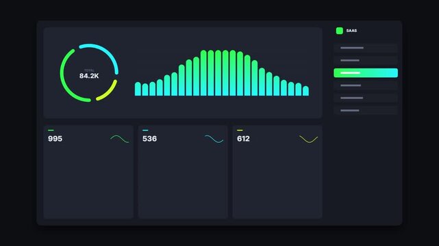 Digital data dashboard interface with animated bar charts and circular progress indicators