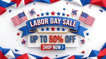 Fototapeta premium Labor Day sale banner with flags and geometric patterns.