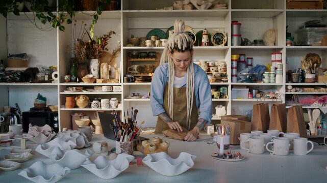 Woman potter finishes packing handmade ceramic order in studio