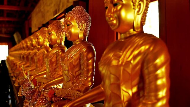 Row of golden buddha statues sitting in meditation at ancient buddhist temple, cinematic slow motion panning shot.