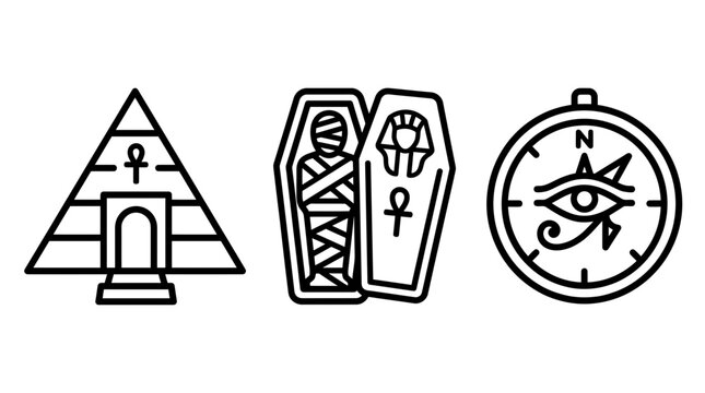 Ancient egyptian pyramid coffin and eye of horus compass icon with navigation archaeology artifact egyptian heritage mystical illustration civilization religion mythology monochrome