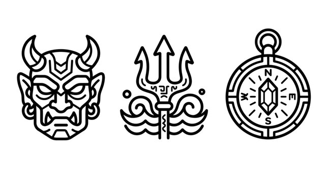 Set of mythological icons including a demon face trident navigation compass with navigation mythology direction adventure illustration supernatural portrait mystical talisman minimalist