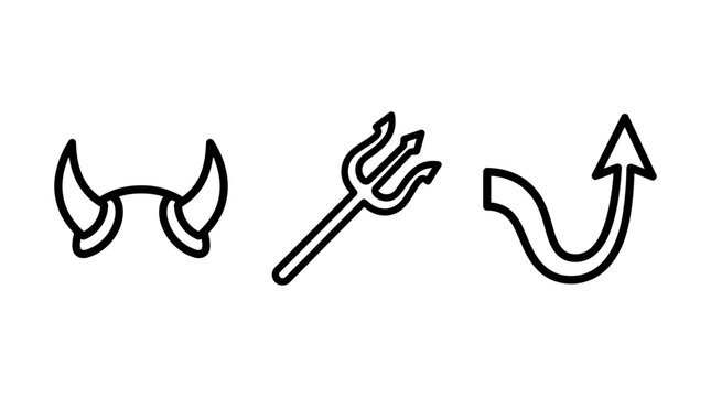 Devil horns trident and tail linear icon set with pitchfork halloween minimalist monochrome illustration collection mystical mythology supernatural accessory creature