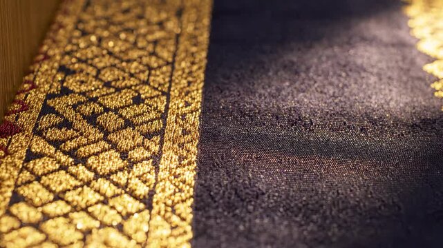 Macro Handwoven Golden Songket Fabric Texture with Soft Light Pass for Malaysia National Day Cultural Tourism Branding and Heritage Textile Packaging