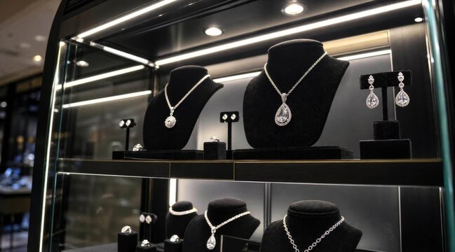 Luxury Diamond Jewelry Display in a High End Store Showcase.