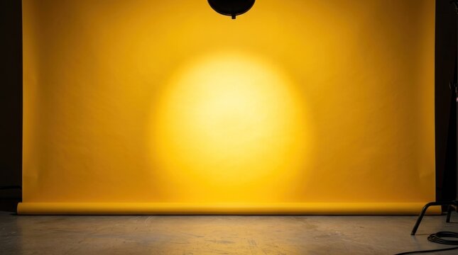 A bright yellow studio backdrop with a spotlight shining on it, casting a bright light on the wall.