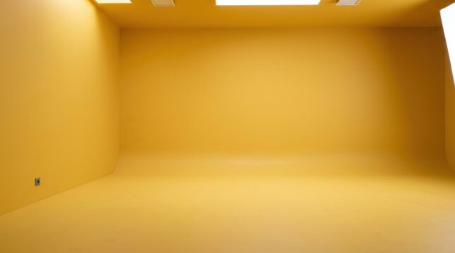 A large, empty, yellow room with a high ceiling and a single light source, creating a bright and spacious atmosphere.