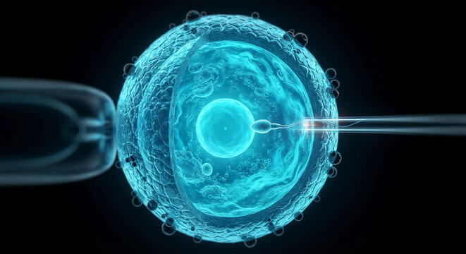 3D microscopic rendering of an egg cell undergoing fertilization with a sperm cell injected via pipette.
