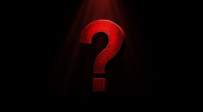 A single glowing red question mark symbol isolated on a deep black background.