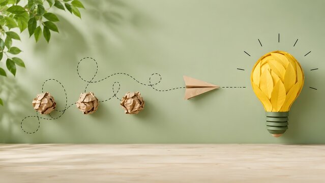 Sustainable business growth strategy with kraft paper trial and error path leading to green energy leaf lightbulb