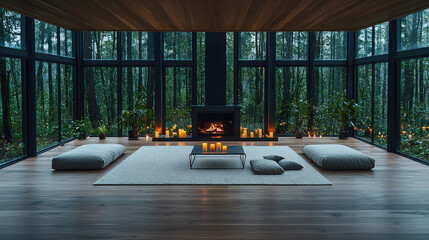 Fototapeta premium Modern minimalist living room with floor to ceiling windows, forest view, fireplace, candles, neutral tones, cozy atmosphere, green plants