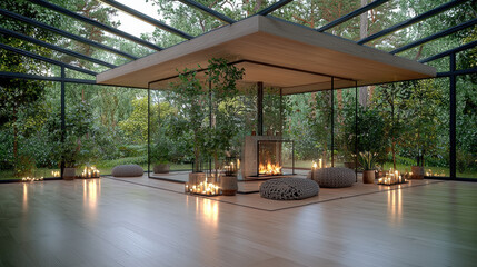 Fototapeta premium Modern glass room with fireplace, green plants, wooden floor, natural light, cozy seating, peaceful atmosphere, surrounded by forest