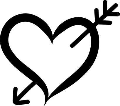Hand Drawn Heart Pierced with Cupid Arrow Line Art Vector Isolated on Transparent Background