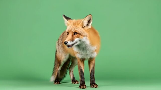 A vibrant red fox standing gracefully against a solid light green background