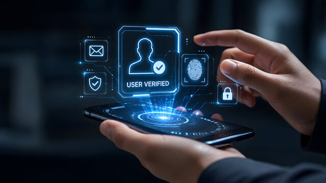 Interactive user authentication portal with biometric touch interface on mobile device.