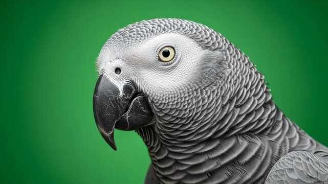 Close-up portrait of a grey african parrot against a vibrant green background